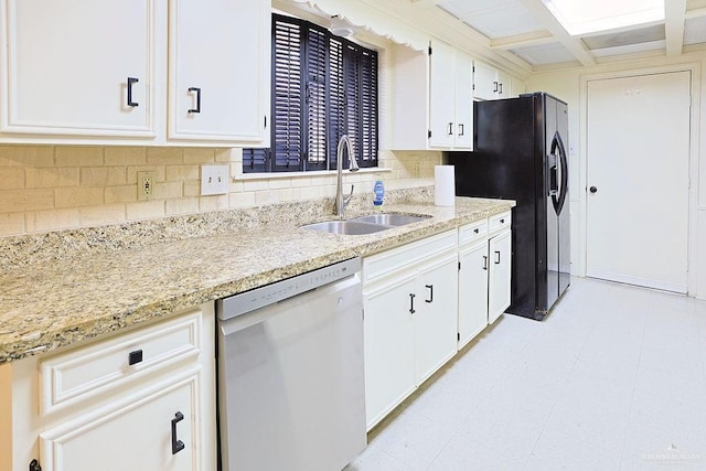 3208 Kiwi Ave, Mcallen, TX 78504 - kitchen featuring dishwashing machine, a sink, tasteful backsplash, light stone counters, and black fridge