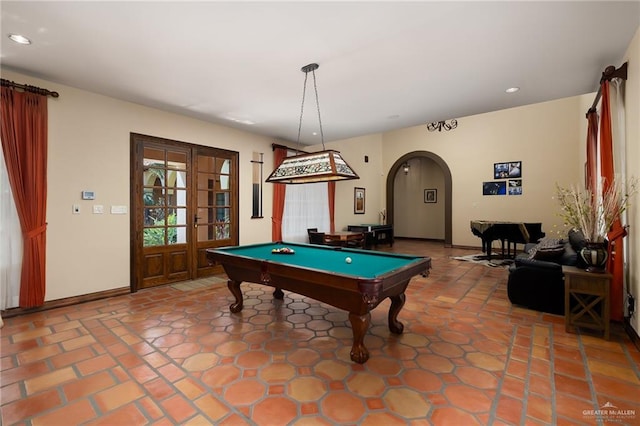 rec room with french doors, tile patterned floors, and pool table