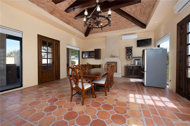 dining area featuring high vaulted ceiling, a notable chandelier, beam ceiling, and a wall unit AC