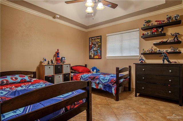 bedroom featuring ceiling fan, ornamental molding, and light tile patterned floors