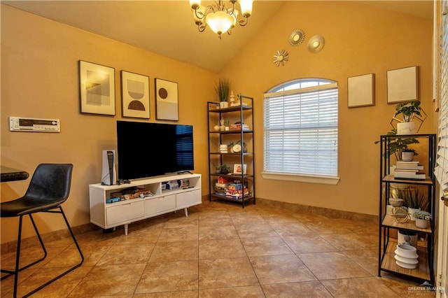 interior space with a chandelier, high vaulted ceiling, and light tile patterned flooring