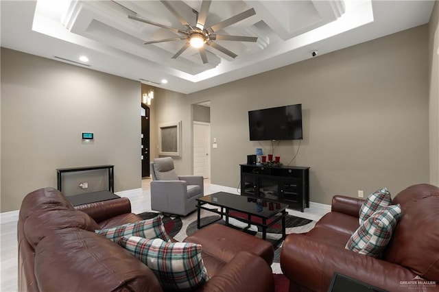 living room with recessed lighting, baseboards, light wood-type flooring, and a ceiling fan