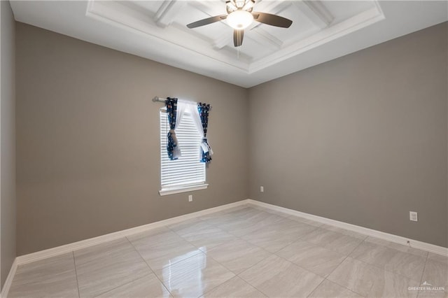 spare room with beamed ceiling, coffered ceiling, baseboards, and a ceiling fan