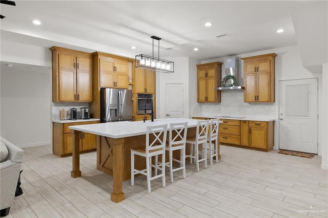 11115 N La Homa Rd, Mission, TX 78574 - kitchen with wall chimney range hood, stainless steel fridge with ice dispenser, light countertops, decorative backsplash, and light wood-type flooring