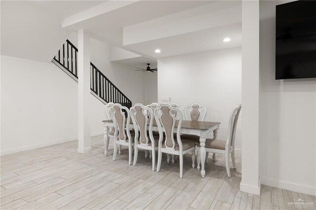 11115 N La Homa Rd, Mission, TX 78574 - dining room with ceiling fan, light wood finished floors, stairway, recessed lighting, and baseboards