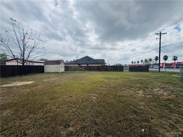 view of yard with an outbuilding, fence, and a storage unit