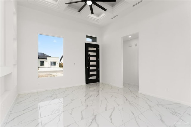 1922 Lime St, San Juan, TX 78589 - empty room featuring coffered ceiling, baseboards, a ceiling fan, a high ceiling, and beamed ceiling
