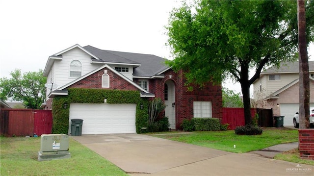 traditional home with driveway, brick siding, fence, and a front yard
