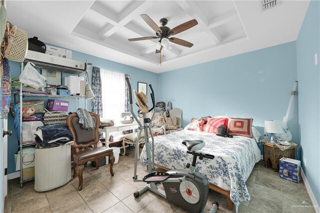 722 E Fay St, Edinburg, TX 78539 - bedroom with coffered ceiling, ceiling fan, beamed ceiling, and baseboards