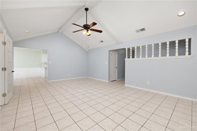 spare room with lofted ceiling with beams, recessed lighting, visible vents, baseboards, and a ceiling fan