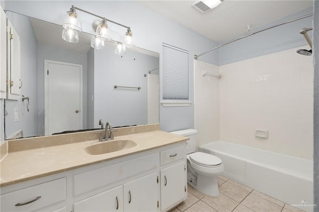 bathroom with visible vents, toilet, washtub / shower combination, vanity, and tile patterned floors