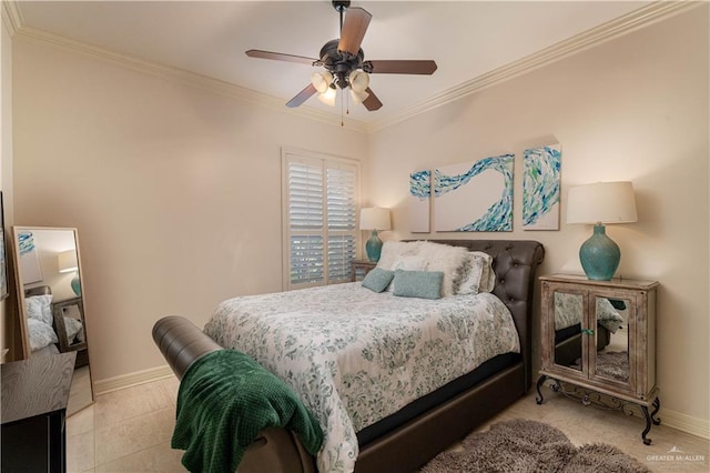 tiled bedroom featuring ceiling fan and ornamental molding