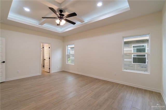 536 Pearl St, Edinburg, TX 78539 - empty room featuring coffered ceiling, ceiling fan, light wood-style floors, recessed lighting, and baseboards