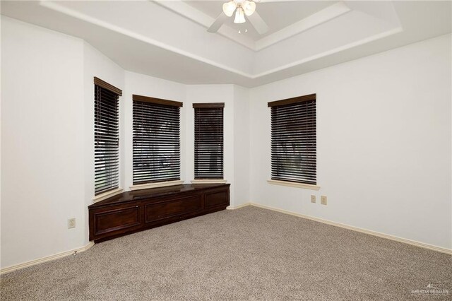 313 Royal St, Edinburg, TX 78539 - spare room featuring light carpet, a ceiling fan, baseboards, and a raised ceiling
