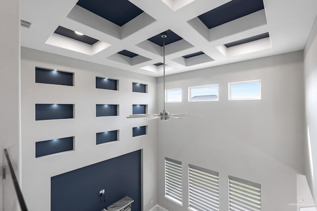interior space with coffered ceiling, ceiling fan, and beam ceiling