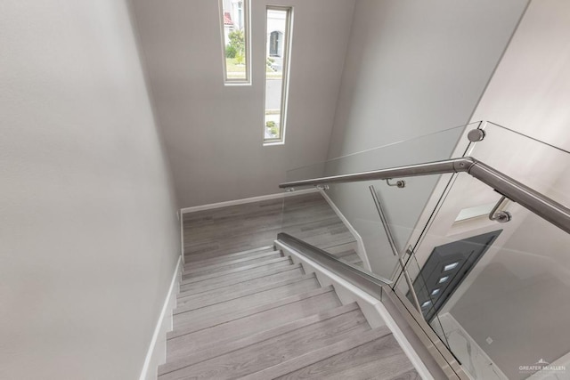 staircase with hardwood / wood-style floors