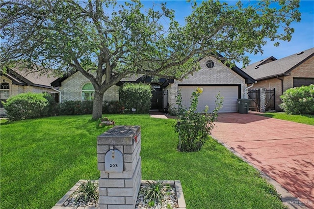 ranch-style house with decorative driveway, brick siding, and an attached garage