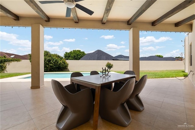 view of patio with a fenced in pool and ceiling fan