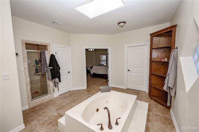 ensuite bathroom featuring visible vents, baseboards, a shower stall, tile patterned floors, and a tub with jets