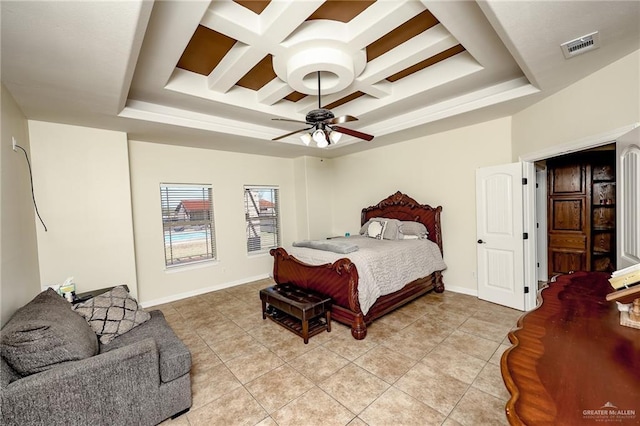 bedroom with light tile patterned floors, coffered ceiling, visible vents, and baseboards