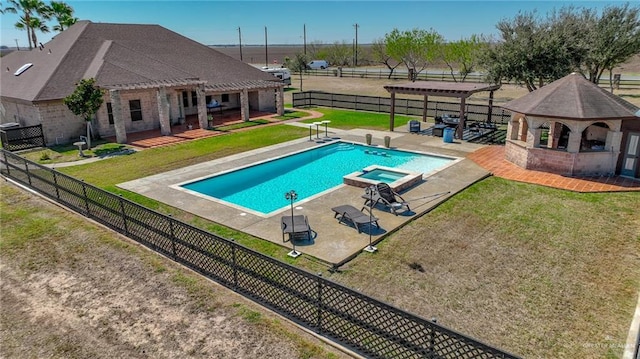 view of swimming pool with a patio area, a fenced backyard, a pergola, and a yard