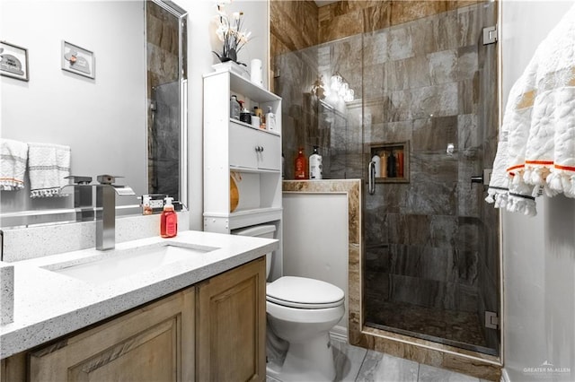 bathroom with vanity, a shower with shower door, and toilet