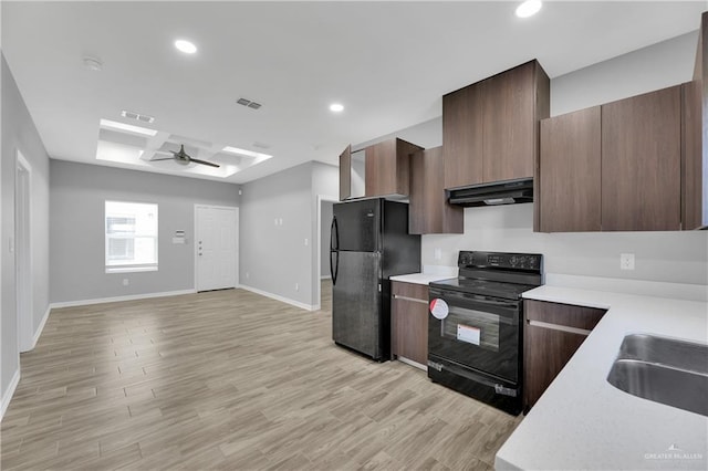 kitchen featuring ceiling fan, light hardwood / wood-style flooring, black appliances, and sink