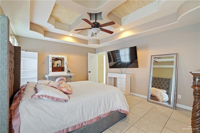 5212 N Huisache St, Pharr, TX 78577 - bedroom with light tile patterned flooring, baseboards, ceiling fan, a tray ceiling, and coffered ceiling