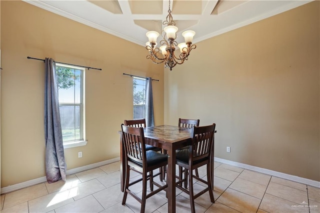 5212 N Huisache St, Pharr, TX 78577 - dining area featuring crown molding, coffered ceiling, light tile patterned floors, and a notable chandelier