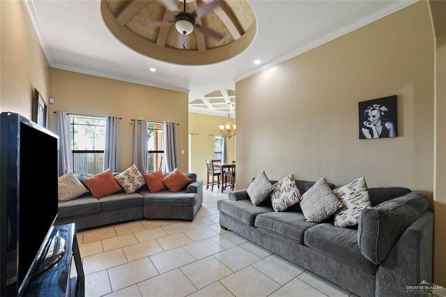 5212 N Huisache St, Pharr, TX 78577 - living room with light tile patterned floors, ornamental molding, ceiling fan with notable chandelier, and recessed lighting