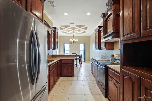 5212 N Huisache St, Pharr, TX 78577 - kitchen with an inviting chandelier, freestanding refrigerator, visible vents, coffered ceiling, and black / electric stove