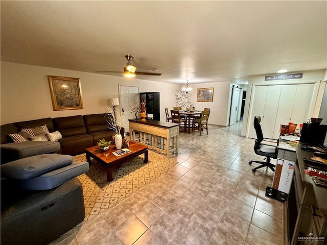 tiled living room featuring a ceiling fan