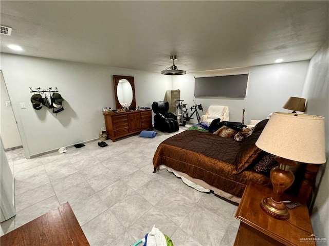 bedroom featuring recessed lighting, a ceiling fan, visible vents, and baseboards