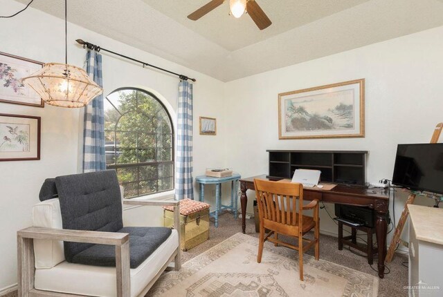 home office featuring ceiling fan and light colored carpet