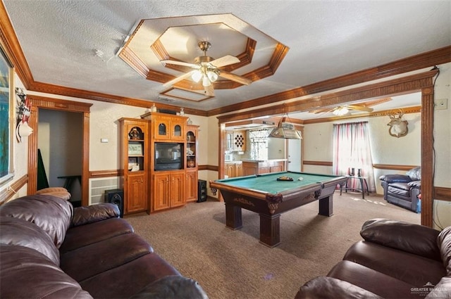 rec room with a raised ceiling, billiards, crown molding, carpet floors, and a textured ceiling