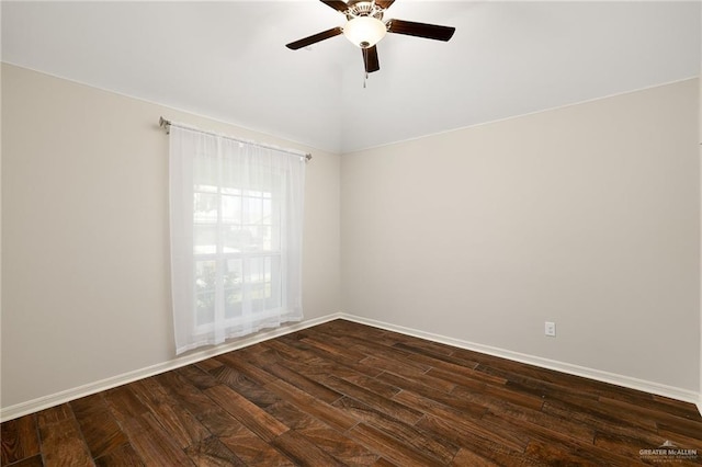 unfurnished room with ceiling fan, dark hardwood / wood-style floors, and vaulted ceiling