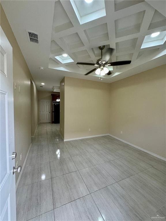 spare room featuring baseboards, visible vents, coffered ceiling, and beam ceiling