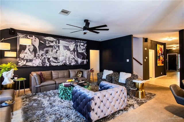 living room with ceiling fan