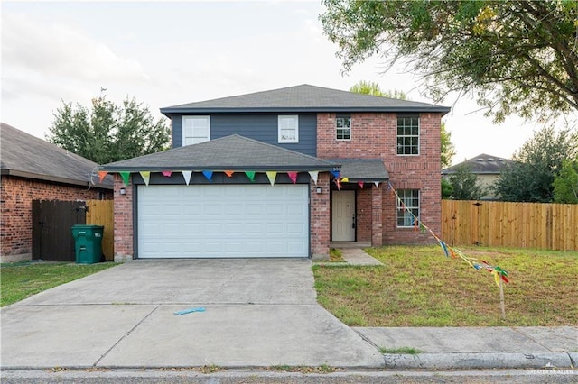 traditional-style house with a front yard, brick siding, driveway, and fence