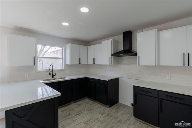 kitchen with wall chimney range hood, white cabinets, a sink, and decorative backsplash