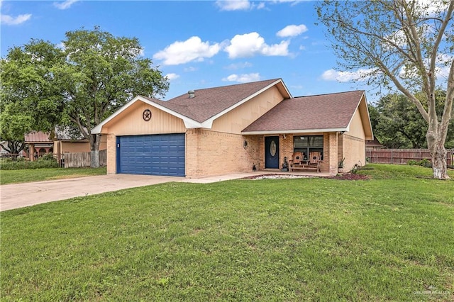 single story home featuring a garage, covered porch, and a front lawn