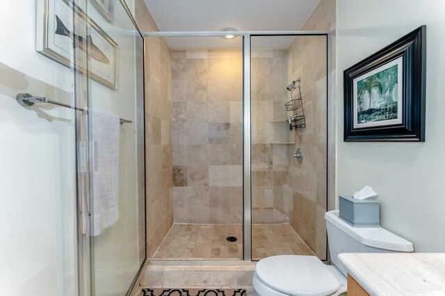 bathroom featuring vanity, toilet, and walk in shower