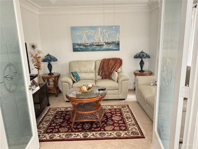 living room with crown molding and light tile patterned flooring