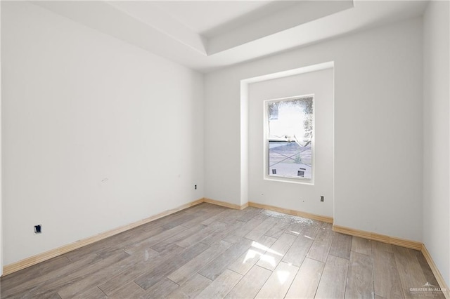 empty room with a raised ceiling and light wood-type flooring