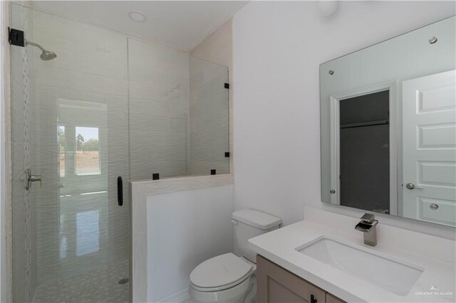 bathroom with vanity, toilet, and walk in shower