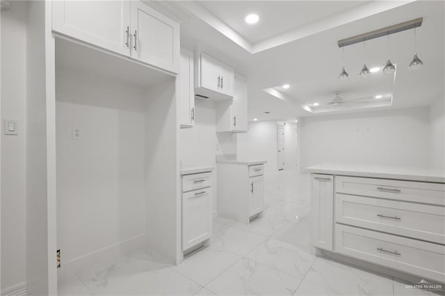 spacious closet with a raised ceiling and ceiling fan