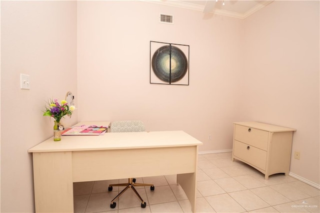 office with ceiling fan, light tile patterned floors, and crown molding