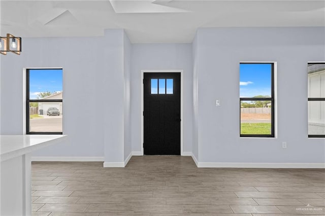 foyer with a wealth of natural light and light hardwood / wood-style flooring