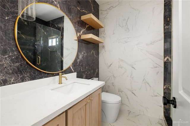 2717 E Versace Dr, Edinburg, TX 78542 - full bathroom featuring tile walls, a marble finish shower, marble tiled floors, vanity, and toilet