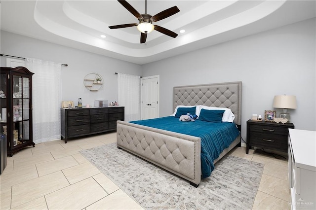 13410 N 36th Ln, Edinburg, TX 78541 - bedroom with a raised ceiling, light tile patterned floors, recessed lighting, and ceiling fan